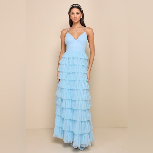 Lulus Radiant Event Light Blue Mesh Tiered Pleated Backless Maxi Dress - Picture 6 of 10